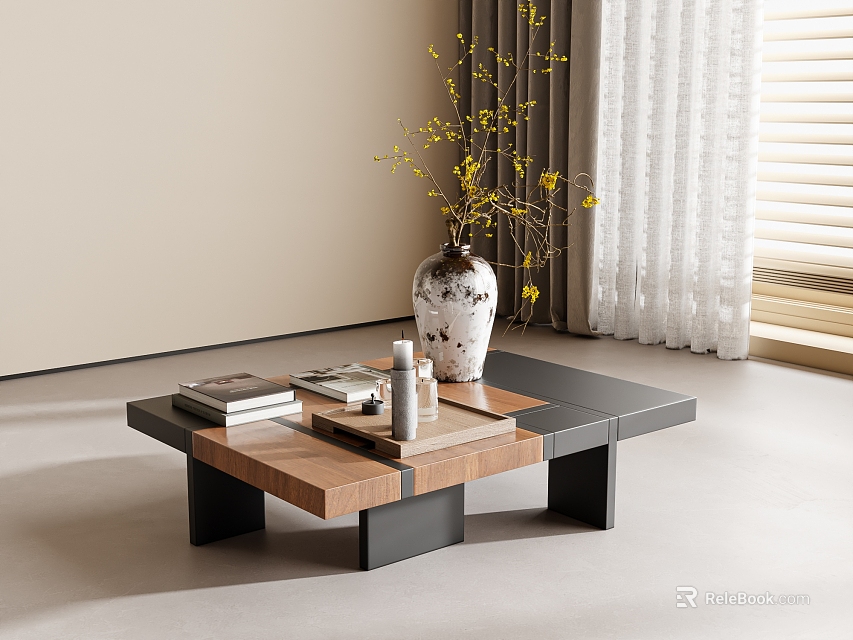 Elegant Modern Coffee Table With Wooden Top Metal Legs And Decorative Vase Books Candle 3d model 