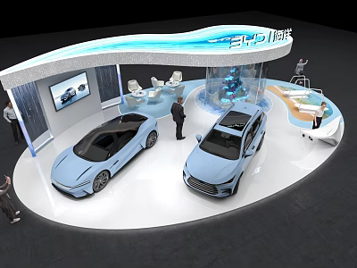 EHP Auto Show Booth With Two Blue Cars Display Screen Seats And Visitors 3d model