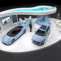 EHP Auto Show Booth With Two Blue Cars Display Screen Seats And Visitors