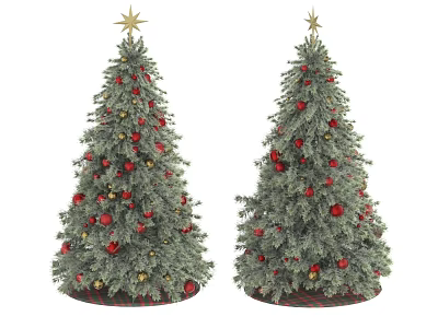 Two Christmas Trees With Star Toppers And Red Gold Baubles Decorative Ornament Set 3d model