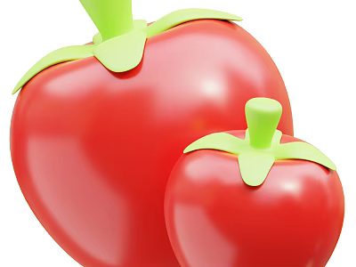 Two Fresh Red Tomatoes With Green Leaves And Stems On White Background 3d model