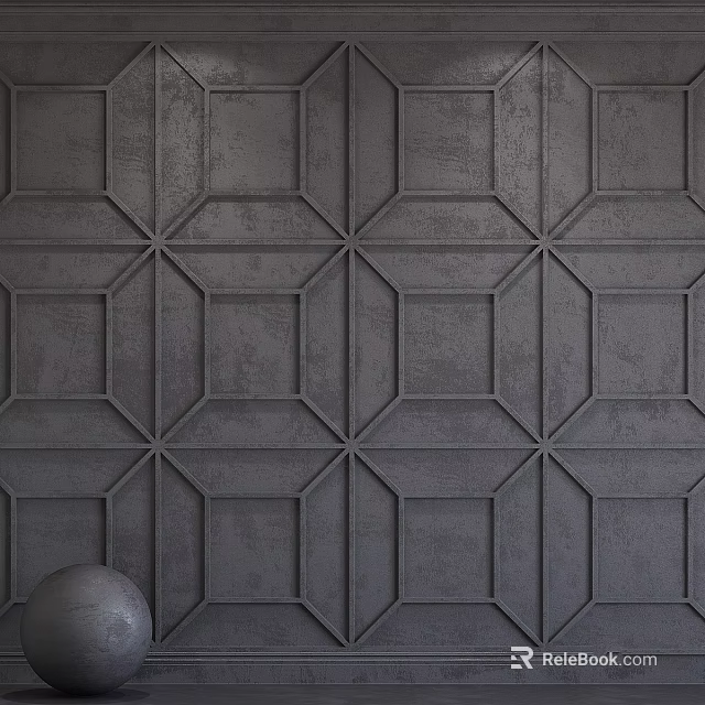 Stylish Decorative Ornament Set With Gray Geometric Patterned Wall And Silver Spherical Decor 3d model 
