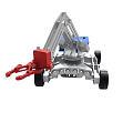 Mobile Mechanical Arm Platform with Blue Storage Box and Red Lifting Component 3d model
