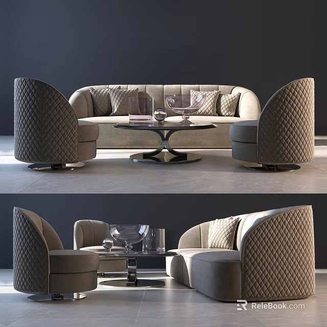 Modern Curved Sofa And Coffee Table Set With Beige Fabric Cushions And Glass Top 3d model 