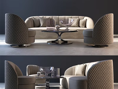 Modern Curved Sofa And Coffee Table Set With Beige Fabric Cushions And Glass Top 3d model