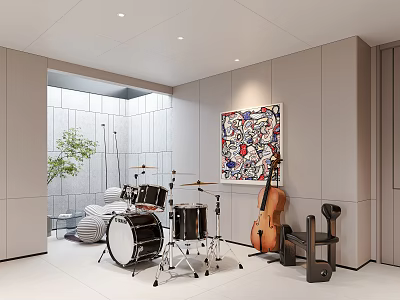 Modern Music Room With Drums Cello And Art Decor 3d model