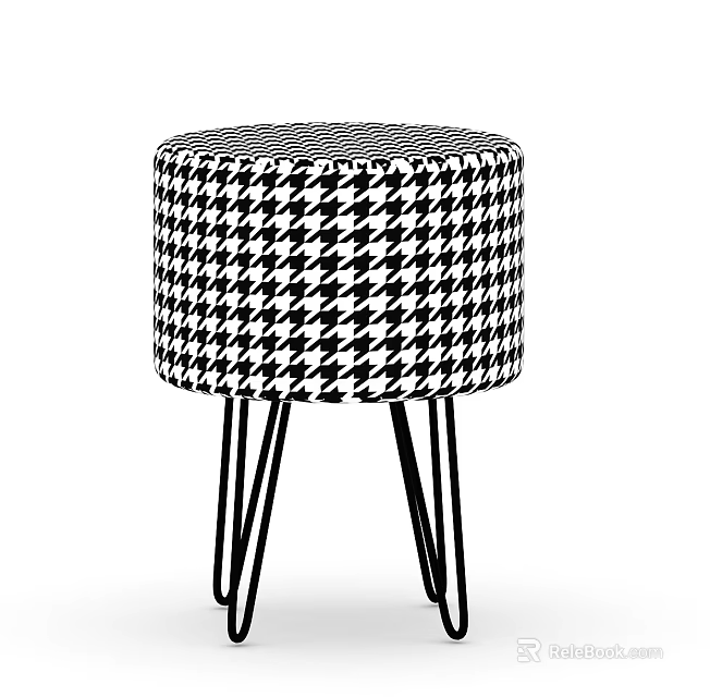 Modern Round Stool With Black And White Houndstooth Pattern And Metal Legs 3d model 