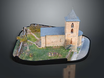 Detailed Brick Church Building Model With Sloped Roof Grass Path And Tower 3d model