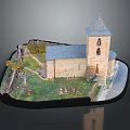 Detailed Brick Church Building Model With Sloped Roof Grass Path And Tower