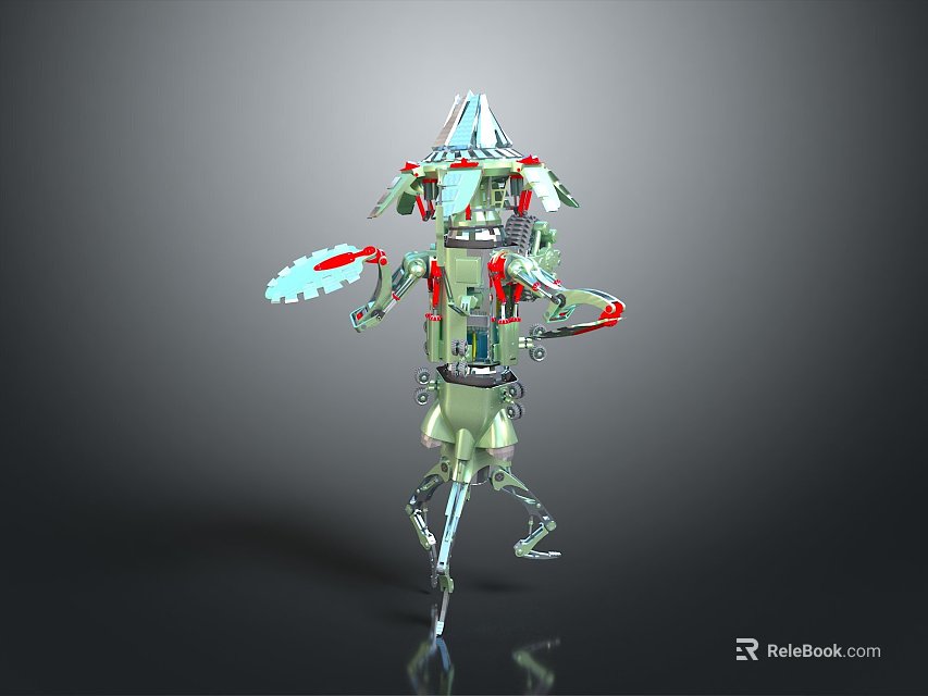 Sci Fi Mechanical Game Movie Character With Green Red Details And Weapon Appendages 3d model 