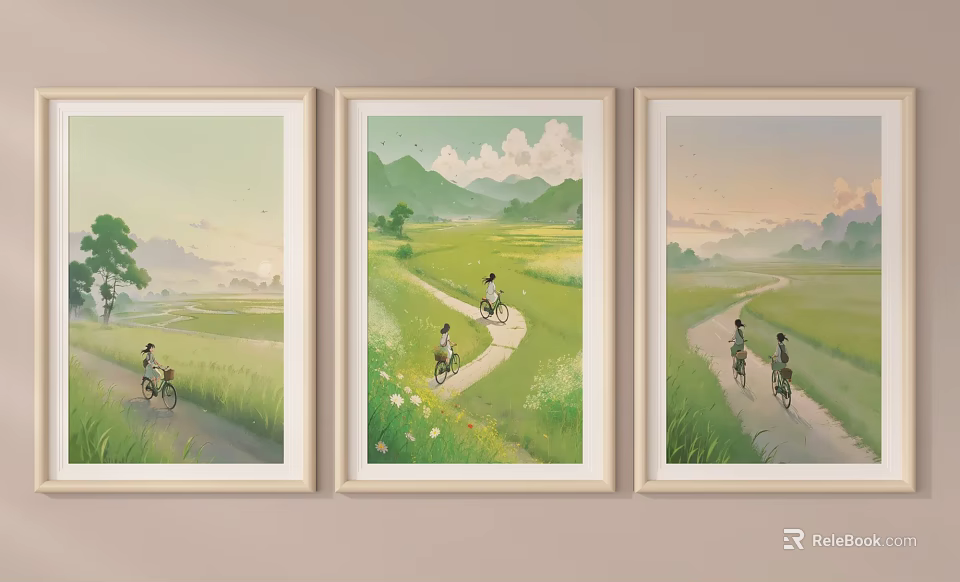 Three Framed Landscape Paintings With People Biking On Pathways Through Green Fields And Distant Mountains 3d model 