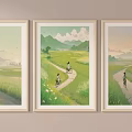 Three Framed Landscape Paintings With People Biking On Pathways Through Green Fields And Distant Mountains