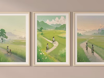 Three Framed Landscape Paintings With People Biking On Pathways Through Green Fields And Distant Mountains 3d model