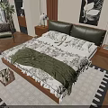 Modern Bedroom Interior with Double Bed Green Leather Headboard Floral Bedspread and Swan Painting
