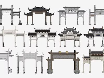 Traditional Chinese Pai Fang Archways with Various Ancient Architectural Styles and Classic Roof Designs 3d model