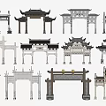 Traditional Chinese Pai Fang Archways with Various Ancient Architectural Styles and Classic Roof Designs