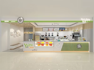 Yoyo Milk Tea Shop Interior Design With Bright Counter Fresh Fruits And Coffee Machines 3d model