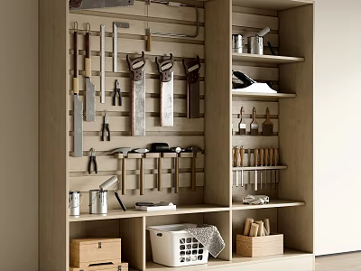 Wooden Tool Storage Wall With Organizers And Shelves 3d model