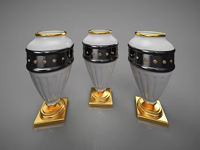 Three Elegant Transparent Glass Vases With Gold Base And Black Decorative Band 3d model