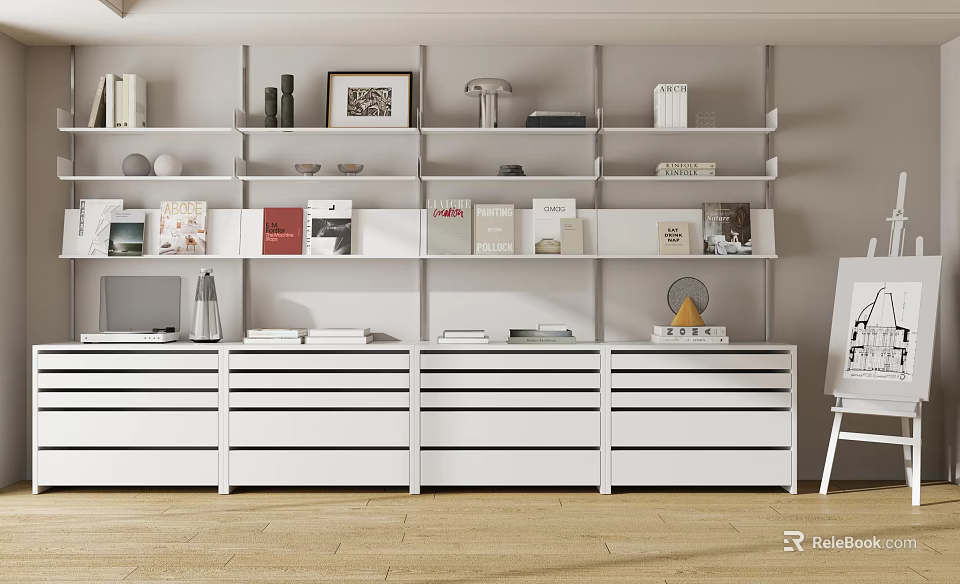 Modern White Bookcase With Multiple Shelves Drawers Books Framed Art And Table Lamp 3d model 