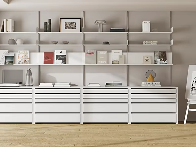 Modern White Bookcase With Multiple Shelves Drawers Books Framed Art And Table Lamp 3d model