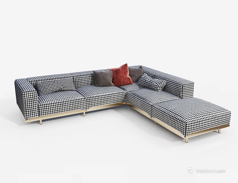Sectional Sofa with Black White Checkerboard Pattern and Red Gray Accent Cushions 3d model