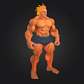 Muscular Male Character with Yellow Spiky Hair Blue Shorts Athletic Build Against Black Background