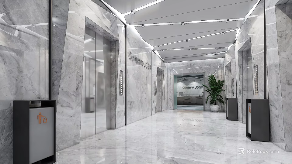 Spacious Elevator Lobby With Marble Walls Floors Modern Lighting And Elevator Doors 3d model