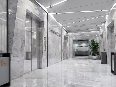 Spacious Elevator Lobby With Marble Walls Floors Modern Lighting And Elevator Doors 3d model