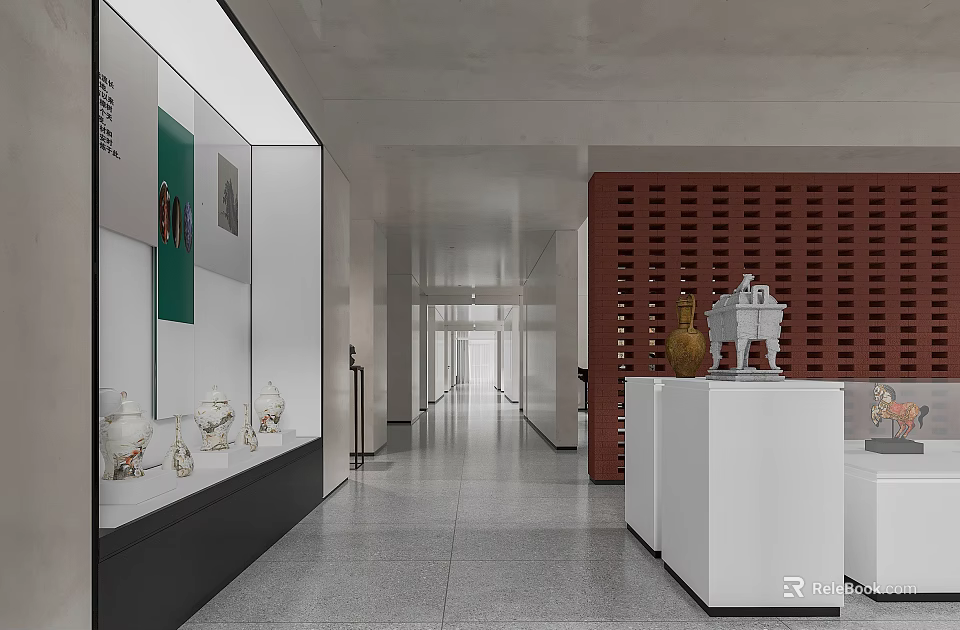 Modern Cultural Center Interior Design With Glass Showcases White Pedestals And Cultural Relics 3d model 