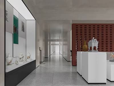 Modern Cultural Center Interior Design With Glass Showcases White Pedestals And Cultural Relics 3d model