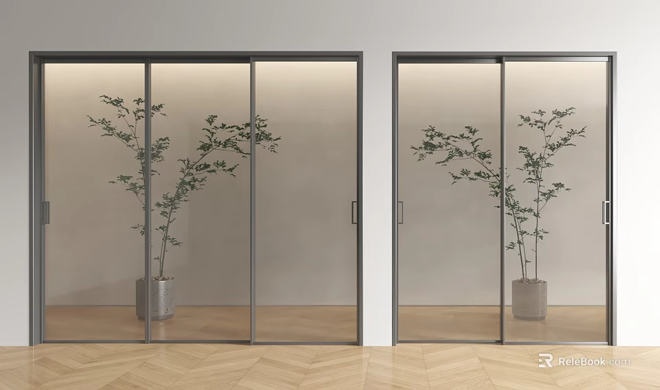 Modern Glass Sliding Doors Interior Design With Potted Plant And Wooden Floor 3d model 