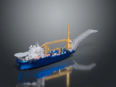 Blue Crane Ship Model With Large Yellow Crane Long Arm And Blue Hull Design 3d model