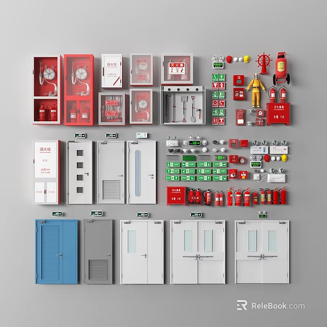 Comprehensive Fire Equipment Collection Featuring Hydrant Cabinets Extinguishers Alarm Devices and Emergency Lights 3d model 