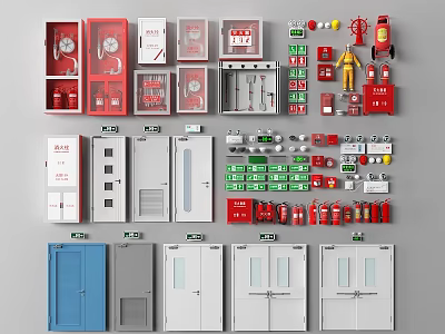 Comprehensive Fire Equipment Collection Featuring Hydrant Cabinets Extinguishers Alarm Devices and Emergency Lights 3d model