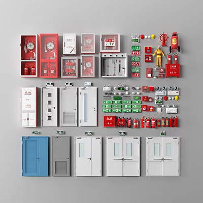 Comprehensive Fire Equipment Collection Featuring Hydrant Cabinets Extinguishers Alarm Devices and Emergency Lights 3d model