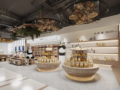 Cultural and Creative Products Specialty Store With Panda Dolls Display Shelves Jars And Decorative Chandeliers 3d model