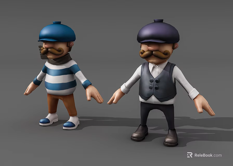 Cartoon Game and Movie Characters With Mustaches Different Hats and Outfits 3d model 