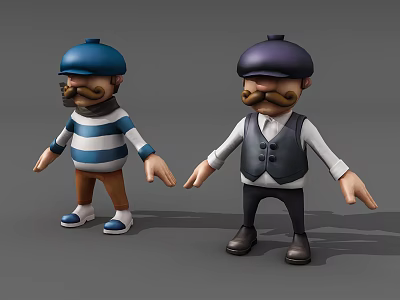 Cartoon Game and Movie Characters With Mustaches Different Hats and Outfits 3d model