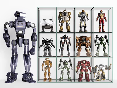 Electric Robot Toys Collection In Display Case With Various Designs And Action Figures 3d model