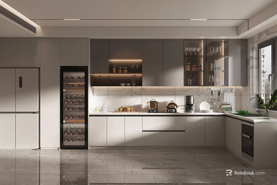 Modern Kitchen Design With Gray Cabinets Marble Countertop Wine Cooler And Glass Door Cabinet 3d model 