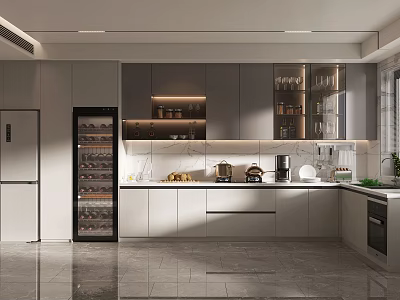 Modern Kitchen Design With Gray Cabinets Marble Countertop Wine Cooler And Glass Door Cabinet 3d model