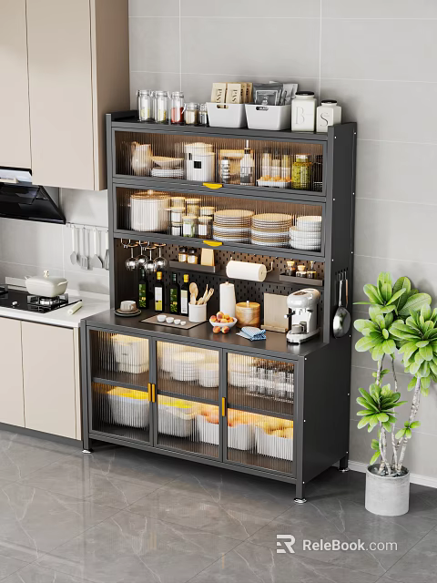 Black Sideboard With Glass Doors Storing Dishes Jars Coffee Machine In Kitchen With Green Plant 3d model 