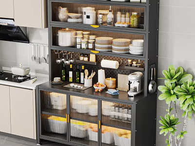 Black Sideboard With Glass Doors Storing Dishes Jars Coffee Machine In Kitchen With Green Plant 3d model