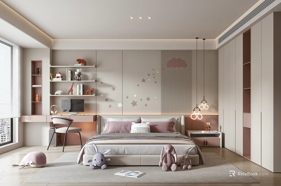 Modern Kids Room Interior Design With Pink Gray Star Patterns Desk And Rabbit Plush Toys 3d model 
