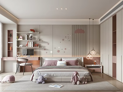 Modern Kids Room Interior Design With Pink Gray Star Patterns Desk And Rabbit Plush Toys 3d model