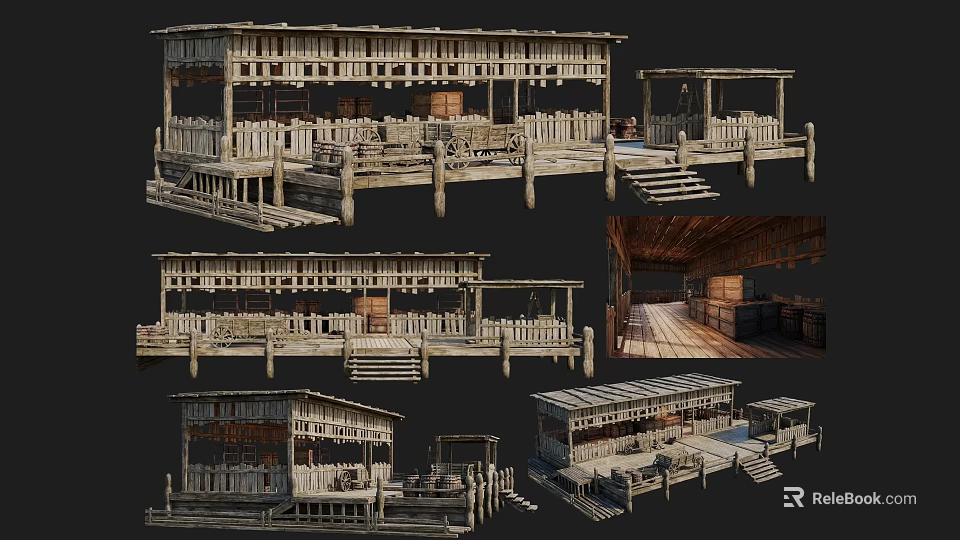 Traditional Ancient Wooden Architecture Featuring Wooden Frames Platforms Steps and Storage Barrels 3d model 