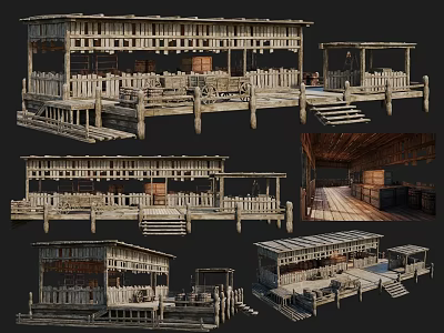Traditional Ancient Wooden Architecture Featuring Wooden Frames Platforms Steps and Storage Barrels 3d model
