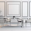 Modern Dining Table Set With Green Chairs Decorative Painting And Large Plant In Bright Room