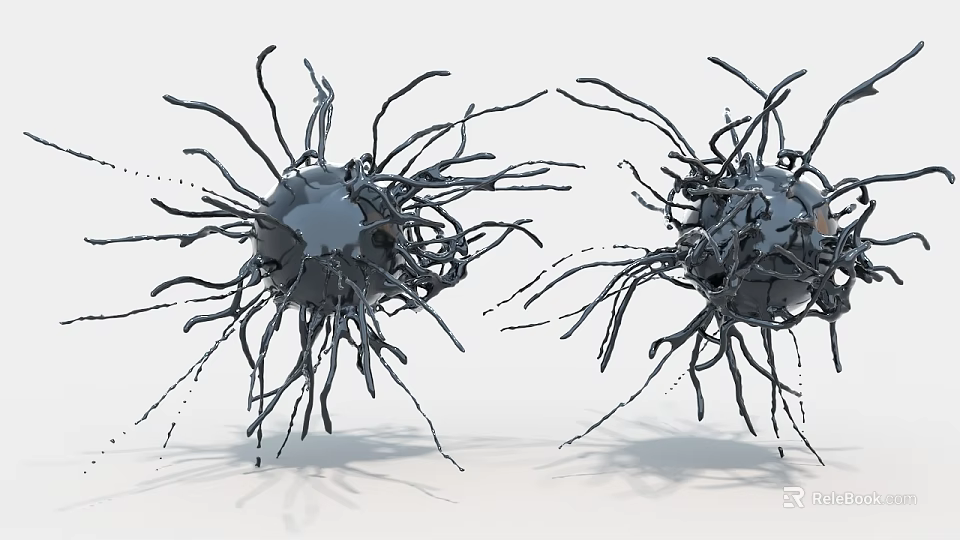 Two Abstract Black Spherical Sculptural Art Installations With Long Thin Protrusions 3d model 